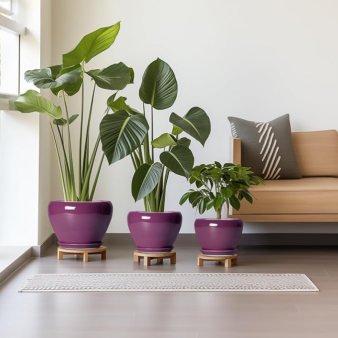10+8+6 Inch Ceramic Plant Pots, Ceramic Planter for Indoor Outdoor Plants, Round Planter with Drainage Holes and Saucers, Indoor Flower Pots, Room Decor, Housewarming Gift, Set of 3, Purple