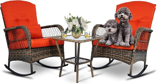 Wicker Rocking Chairs Set of 2, Rattan Patio Rocking Chairs, All-Weather Rocking Lawn Wicker Furniture for Porch Deck Garden Backyard(Red)