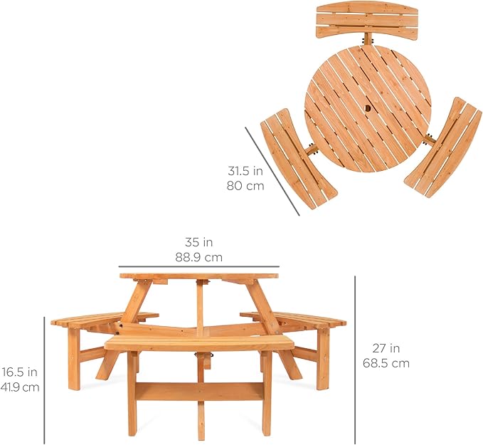 Best Choice Products 6-Person Circular Outdoor Wooden Picnic Table for Patio, Backyard, Garden, DIY w/ 3 Built-in Benches, 500lb Capacity - Natural