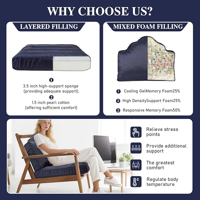 Waterproof Outdoor Chair Cushions 24x24,Filled with High-Support Sponge+ Pearl Cotton,Waterproof & Fade Resistant,with Backrest and Removable Cover,Outdoor Deep Seat Set for Patio Furniture