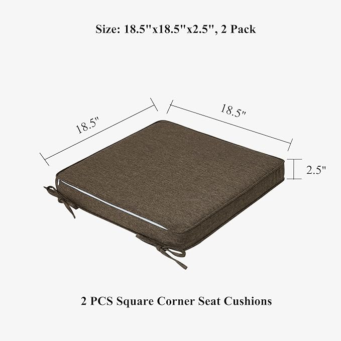 FUNHOME Indoor/Outdoor Chair Cushions Set of 2, 18 x 18 x 2.5 Inch Square Corner Outdoor Cushions for Patio Furniture,2 Packs Patio Chair Cushions with Ties-Brown