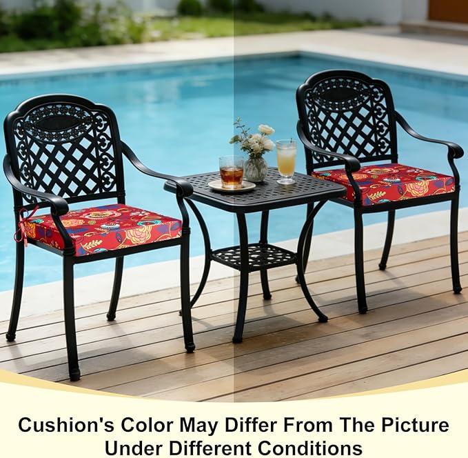 downluxe Outdoor Chair Cushions Set of 4, Waterproof 19" x 19" x 3" Patio Chair Cushion with Non-Slip Ties & Handle, Square Outdoor Cushion for Patio Furniture with Removable Cover, Sonia Scarlet