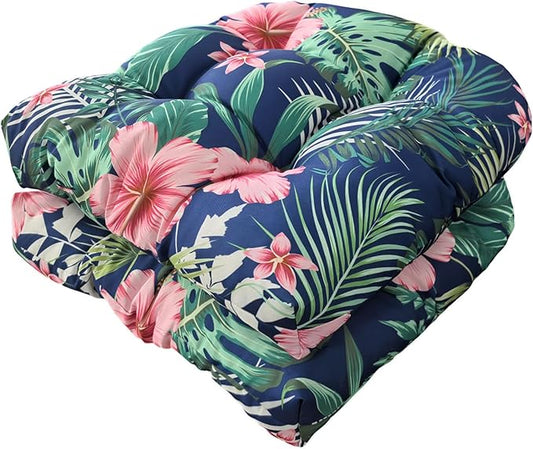 Indoor/Outdoor Wicker Chair Cushions Set of 2 Waterproof Rocking Chair Cushion with Ties 18.5in*18.5in Printing Patio Chair Cushion, Flowers