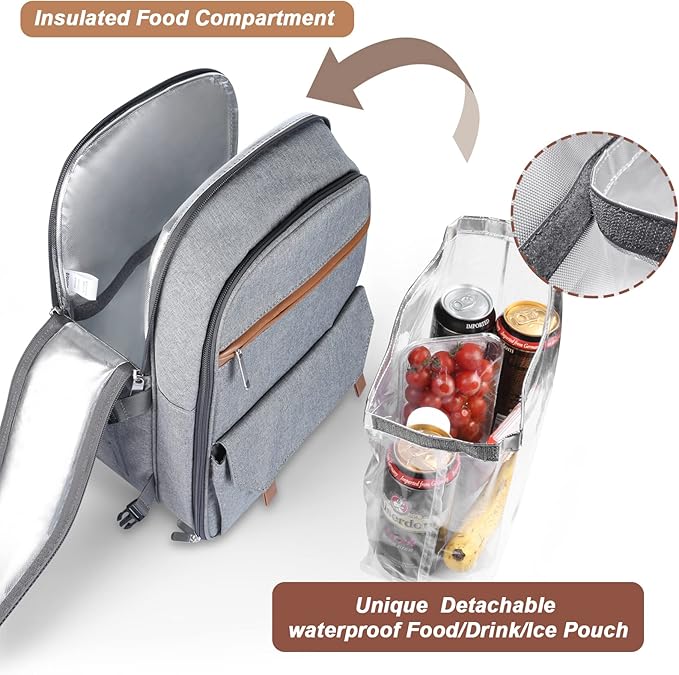 Sunflora Insulated Picnic Backpack for 2 Person Bag with Cooler Compartment, Wine Pouch, Blanket and Stainless Steel Cutlery Set for Couple, Lovers and Friends (Grey)