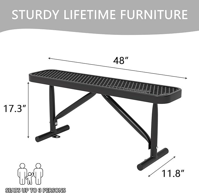 4 Feet Metal Park Bench for Outside, Outdoor Heavy Duty Garden Bench with Portable Frame, Commercial Benches for Shopping Mall, Store, Park, Patio, Deck, Black