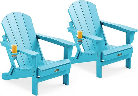 SERWALL Folding Adirondack Chair with Cup Holder Weather Resistant Patio Chair Outdoor Chairs Painted Adirondack Chairs Set of 2 - Aruba Blue