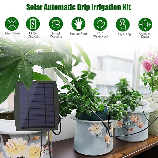Solar Automatic Drip Irrigation Kit System, Solar Powered Auto Easy DIY Watering Device Supported Pots Plants, 12 Timing Modes with Anti-Siphoning Device (Supported 20-30 Pots, 12Timing Modes)