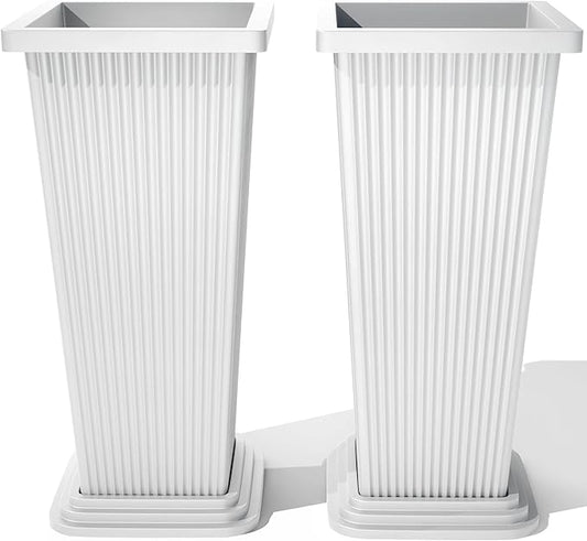 FENCY Set of 2 Tall Planters for Outdoor Plants, 24 Inch Large Tapered Pots with Drainage Trays, Weather-Resistant Plastic Plant Containers for Patio, Porch, Garden, Front Door Decor,White, Striped
