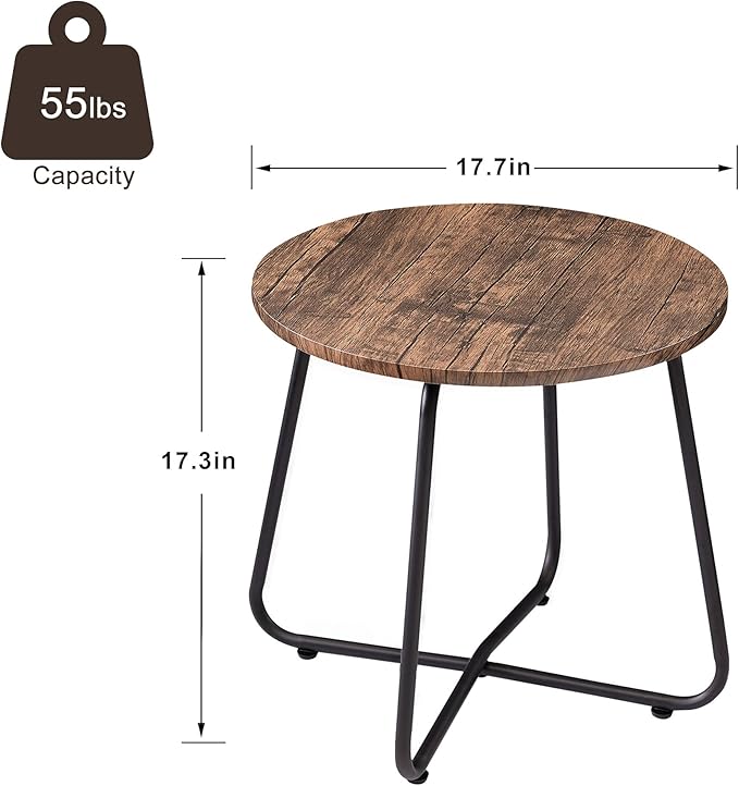 VECELO 17.7 inch Small Round Outdoor Side Table,Patio End Table,Waterproof Wood Table with Weather Resistant Steel Adjustable Feet for Living Room Bedroom Garden Yard Balcony Porch Poolside