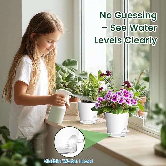 Self Watering Pots Set of 7 – Assorted Size 4" to 8" Indoor Plant Pots with Drainage Holes and Clear Reservoir for Visible Water Level, Plastic Wicking Planter for House Plants & Flower, White