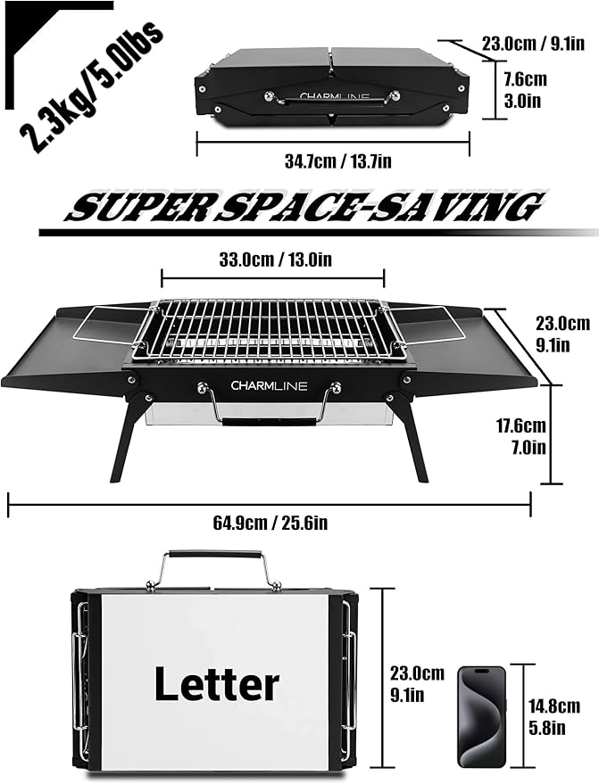 Charmline 14x9inch Foldable Portable Grill Charcoal, Compact Portable Grill for Outdoor Use, Desktop Charcoal Grill, BBQ Grills for Camping, Picnics, Gardens and Beach Parties, Black