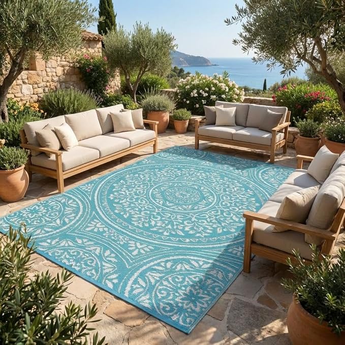 Outdoor Rug 8x10 Waterproof Patio Rugs Boho Floral Reversible Mat for Front Door Rv Foldable Plastic Straw Carpet for Travel Trailers, Deck, Picnic, Porch, Camper, Balcony, Beach，Light Blue