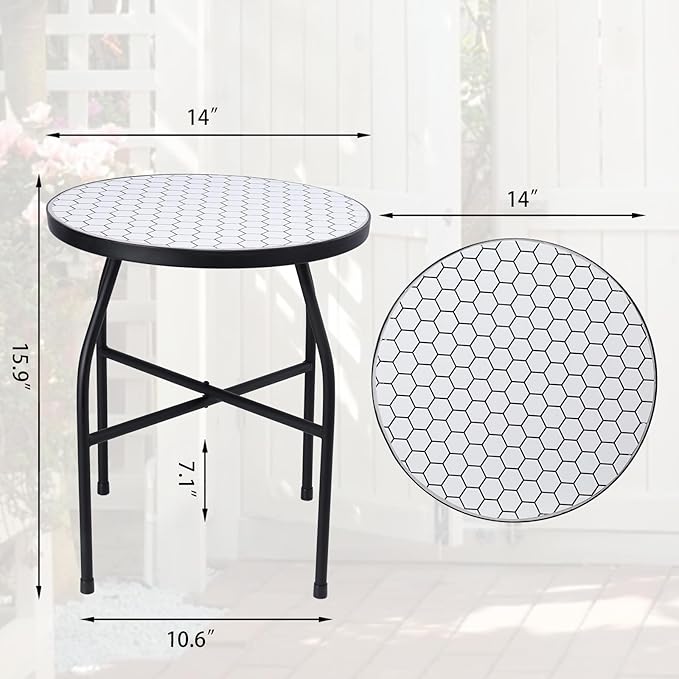 VCUTEKA Mosaic Outdoor Side Table, Round Rustproof Patio Table with 14" Ceramic Tile Top, Indoor Porch Accent Table for Yard, Garden, Living Room, Bistro Balcony, White