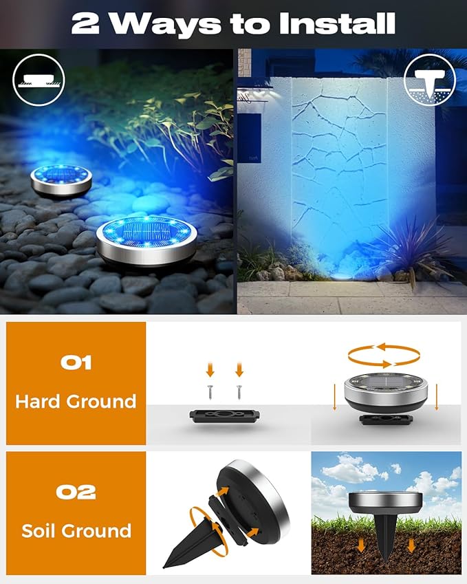 btfarm 16 Pack Solar Lights Outdoor, 8 LED Solar Ground Lights IP65 Waterproof Flat Solar Disc Light, Pathway Lights for Garden Lawn Patio Yard Path Landscape, Blue