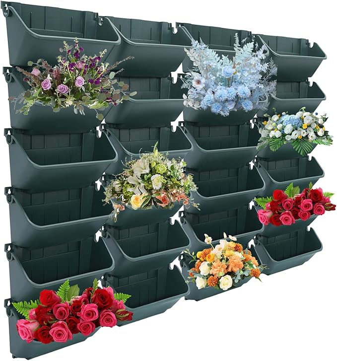 24 Pack Vertical Garden Planter,13 inch Wall Mounted Planter for Patio Indoor Outdoor Decor, Garden Self Watering Pot Balcony Plant Vegetable Fruit Herb Hanging Pocket Holder Flowerpot (Army Green)