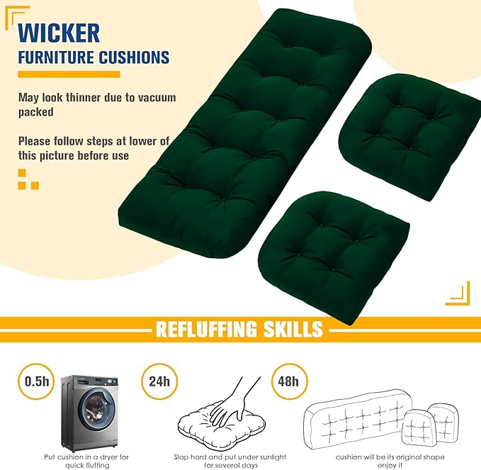 Wicker Chair Cushions Set of 3, Waterproof Outdoor Cushions Set for Patio Furniture, 1 Loveseat & 2 Seat Pads, Thick Outdoor Replacement Cushions for Porch Lawn Bench Couch Sofa, Emerald