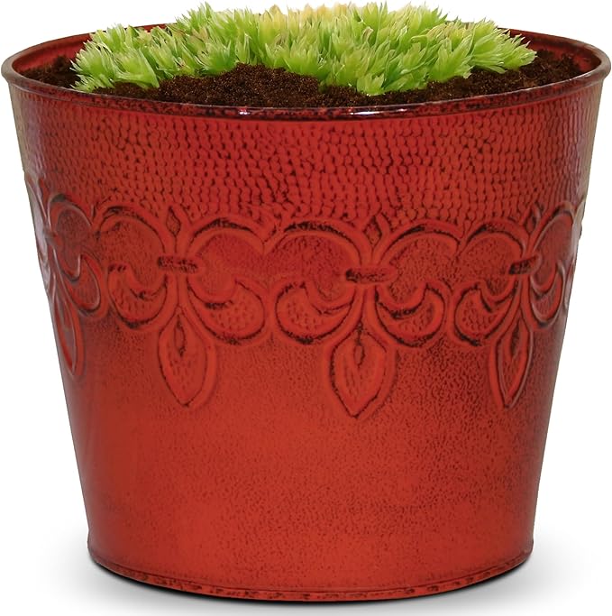 Headwind Ironlite Fleur De Lis Collection – 4" Cayenne Red Decorative Planter with Drain Plug – Lightweight Metal Garden Pots for Indoor & Outdoor Planters Use by Robert Allen