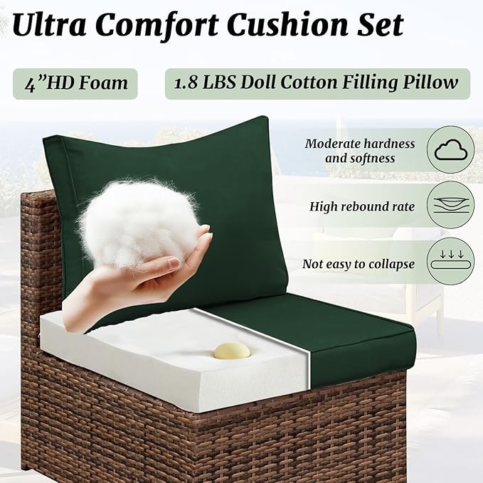 Outdoor Sectional Cushions Replacement Set, 26x26in Patio Furniture Cushions, 14 Pieces Waterproof Outdoor Couch Cushion for 6 Seat Wicker Conversation (Dark Green)