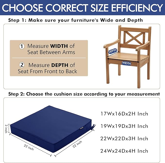 Outdoor Chair Cushions 22 x 22 Inch Water Resistant Patio Chair Cushions with Tie 3 Year Color Fastness Thick Outdoor Seat Cushion for Garden Lawn Patio Furniture Navy Set of 2