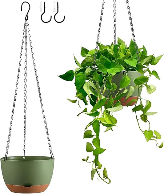 Hanging Planters for Indoor Plants, Set of 2 8/10 Inch Self-Watering Hanging Pots with Drainage Hole & Removable Water-Storage Tray II Screw-in Hooks II