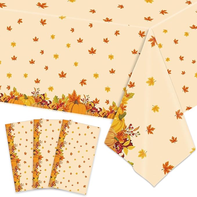 3 Pieces Fall Pumpkin Tablecloth – 54x108 Inch Disposable Thanksgiving Plastic Table Cover with Autumn Leaves and Harvest Design for Fall Party, Friendsgiving, and Seasonal Dinner Decorations