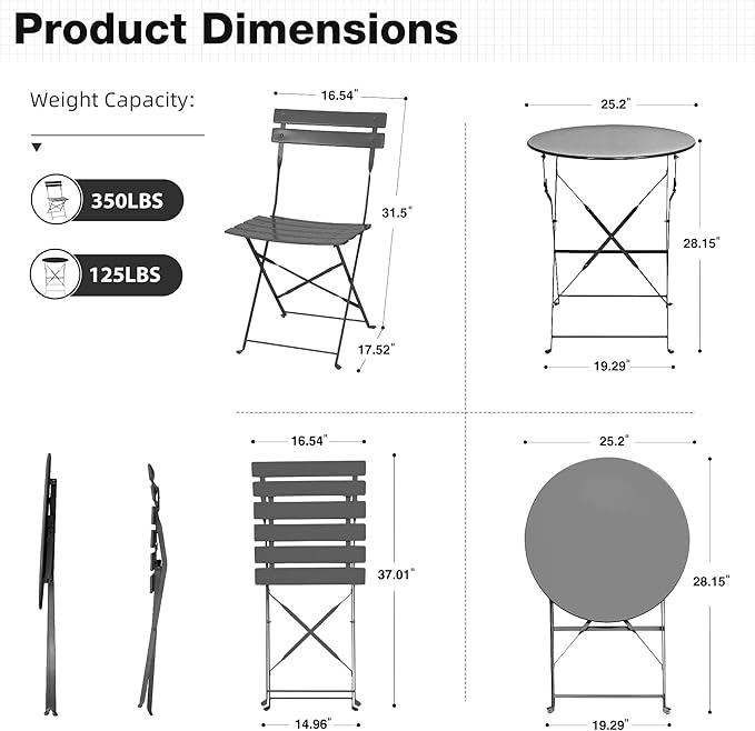 3 Piece Bistro Set, Folding Patio Furniture Set, Outdoor Table and Chairs Set for Patio, Garden, Balcony and Poolside, Grey