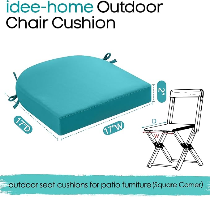 idee-home Outdoor Chair Cushions Set of 4, Thick 17" x 17" x 2" Outdoor Seat Cushions Patio Furniture Waterproof with Ties, Dining Pads