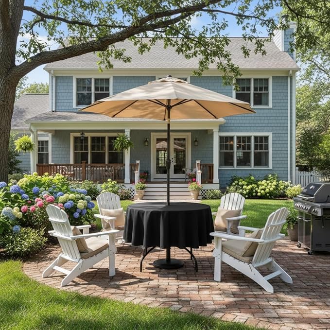Outdoor Tablecloth Wrinkle-Free Stain Resistant Waterproof Polyester Fabric Table Cover with Zipper Umbrella Hole for Picnic/Party/Dinner/Patio Garden(70inch Round,Zippered,Black)