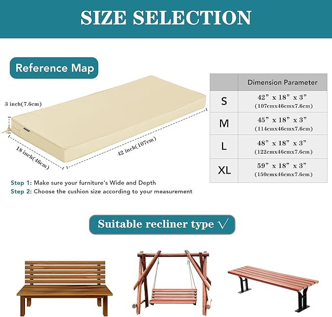 Outdoor Bench Cushions 45 x 18 Inch Thick Waterproof Porch Swing Cushions with Tie Patio Furniture Chair Cushion Bench Pad Color Fastness Backyard Seat Pads Beige