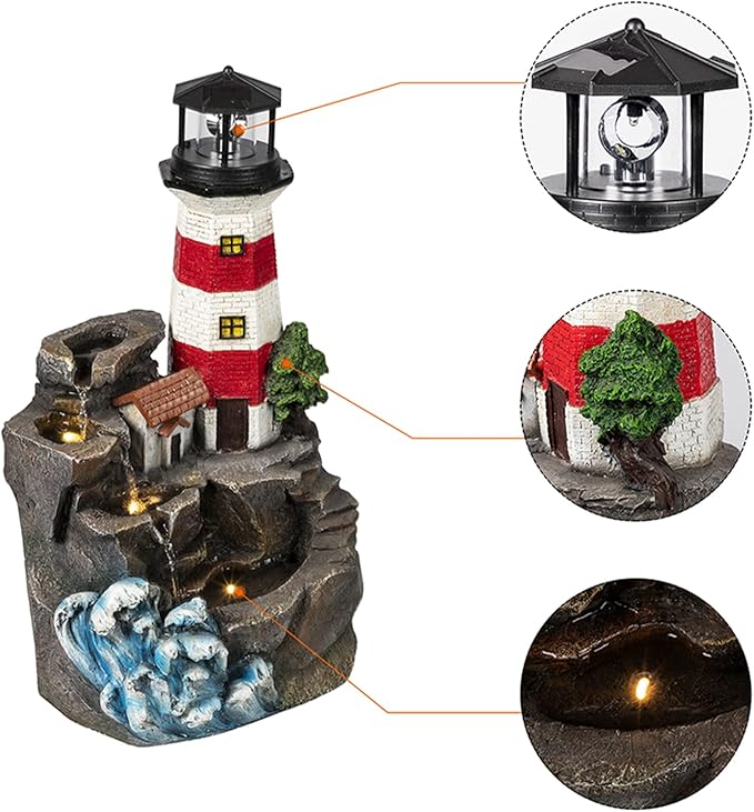 Ferrisland Lighthouse Big Waterfall Fountain Outdoor, Freestanding Relaxing Water Fountain, Garden Backyard Decking Home Nautical Art Decor, Gift Ideas(Red & White, 23" H)