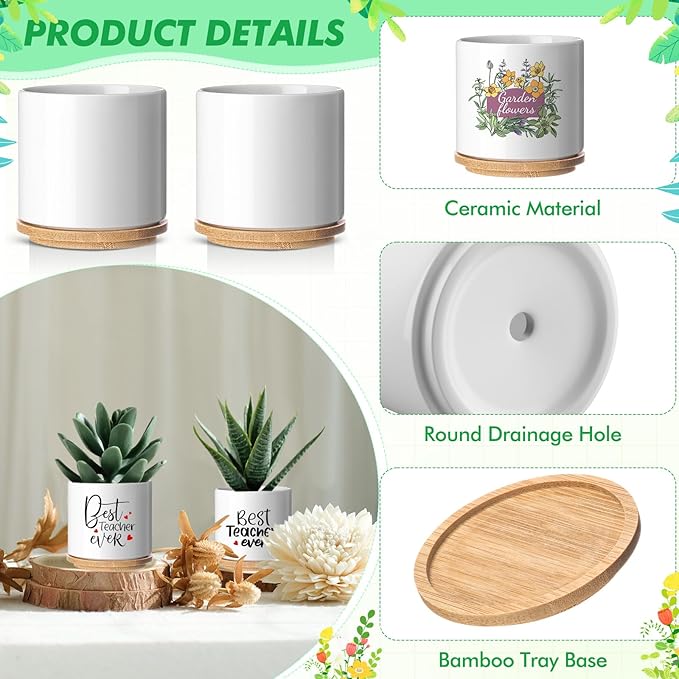 6 Pcs Sublimation Flower Pot Blanks Mini 2.95 in Garden Ceramic Succulent Planter Pot with Bamboo Tray with Drainage Hole Thank You Gift for Christmas Thanksgiving Day Plant Lover Women