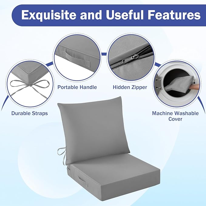 Outdoor Seat Cushion Set, Waterproof & Fade Resistant Patio Chair Cushions, Outdoors Cushion for Patio Furniture, 24 x 24 x 5.75 Inch, Outdoor Couch Cushions with Handle and Ties, Grey