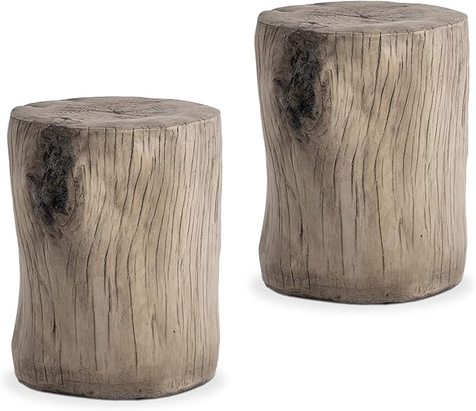 COSIEST 2 Pieses Outdoor Side Table, Hand-Painted Wood Stump Side Table Set of 2, Faux Wood Stool, Ottomans, Plant Stand, Deck or Garden (Grey)