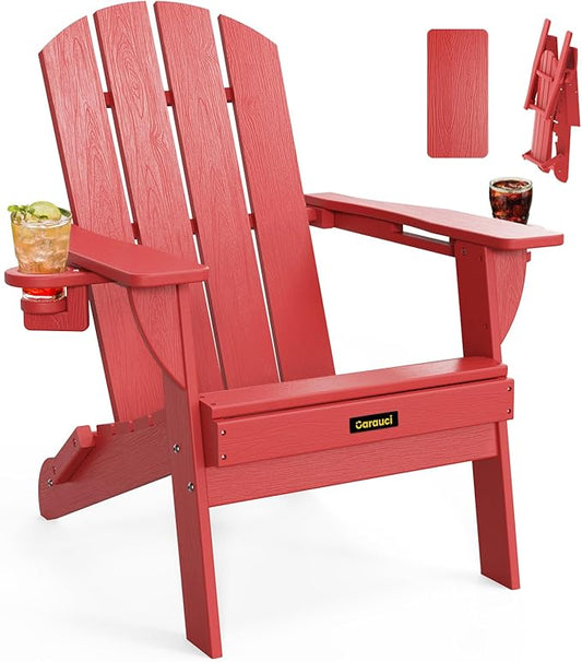 Folding Adirondack Chair, Wooden Textured Plastic Adirondack Chairs with 2 Cup Holder, Weather Resistant HDPE Fire Pit Chair, Outdoor Patio Chairs for Garden, Backyard, Lawn, Deck, 380LBS, Red