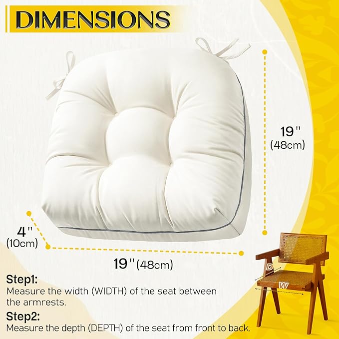 Outdoor Chair Cushions Set of 2, Outdoor Cushions for Patio Furniture and Wicker Chair, Memory Foam Patio Seat Cushion Pads with Ties, 19 x 19 Inch (Cream)