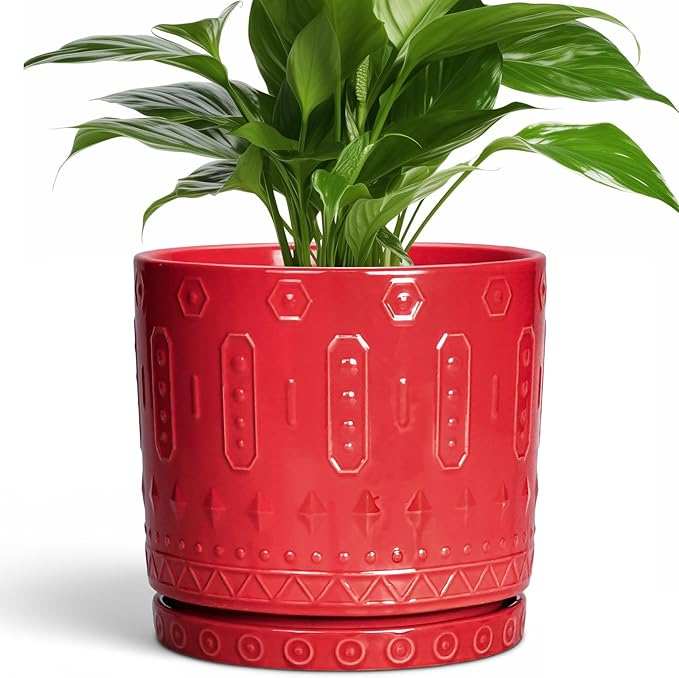 Ceramic Plant Pots, 8 Inch Plant Pots Indoor Outdoor, Round Flower Pot with Drainage Hole and Sacuer, Boho Pot for Plants, Decorative Planter, Home Room Bathroom Decor, Garden Gifts, Red