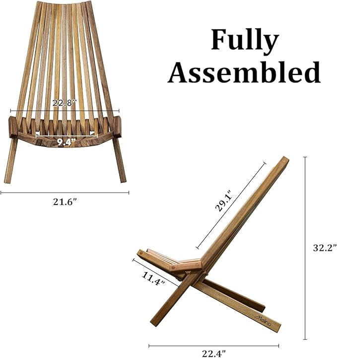 Melino Wooden Folding Tamarack Chairs, FSC Certified Acacia Low Profile Adirondack Chairs, Wood Folding Chair for Outdoor, Patio, Porch, Pool, Backyard, Garden, Balcony and Deck - Natural - Single
