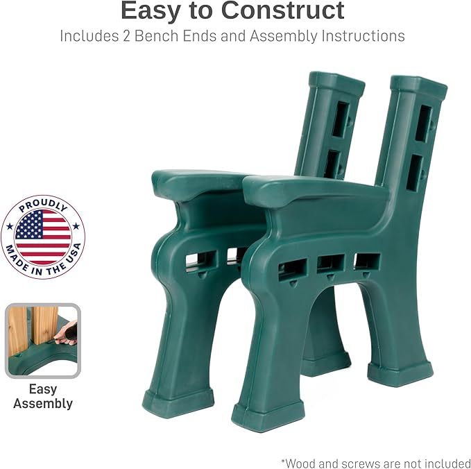RTS Home Accents Custom Length Lightweight Indoor or Outdoor Bench Ends with Backrest and Armrest (Wood & Screws Sold Separately), Kentucky Green