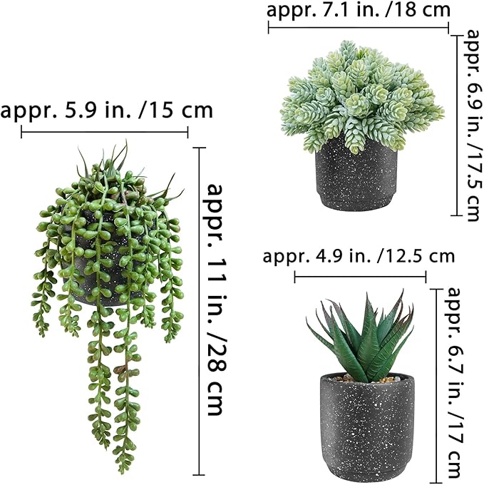 Winlyn 3-Pack Artificial Potted Succulent Plants - Aloe, Hops, String of Pearls - Realistic Faux Plants in Black Cement Pots - Modern/Contemporary Style - Ideal for Home Office Bathroom Indoor Decor