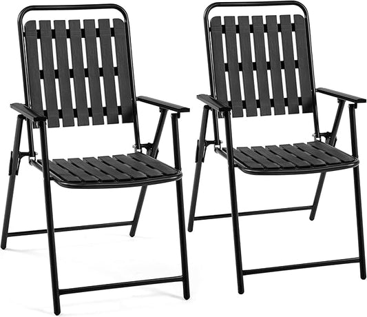 Yaheetech Folding Patio Chair Set of 2, Outdoor Dining Chair with Armrests, Plastic Patio Chair for Porch, Deck, Garden, Backyard, No Assembly Black