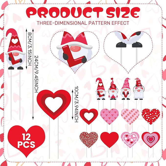 Bucherry 12 Pcs Valentine's Day Love Gnome and Heart Shape Planter Stakes Valentines Day Decorative Garden Yard Stakes Valentines Flower Pots Signs for Home Anniversary Party Outdoor Lawn Decor