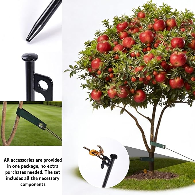 Tree Support Stake Kit with 11.8 Inch Steel Stakes, 13.12 Feet Rope, Straps for Young Trees, Anti-Wind Protection, 3-Piece Set (11.8 Inch 3 Stakes)