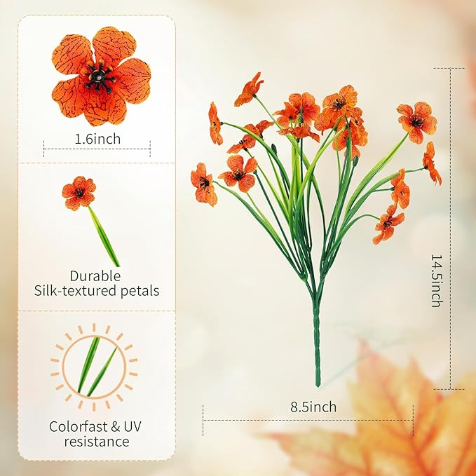 Artificial Mums Fall Fake Flowers for Outdoors, 12 Bundles Faux Mums for Outdoor Planters Autumn Decorations,UV Resistant Silk Flowers for Front Porch Garden Patio Home Decor(Orange)