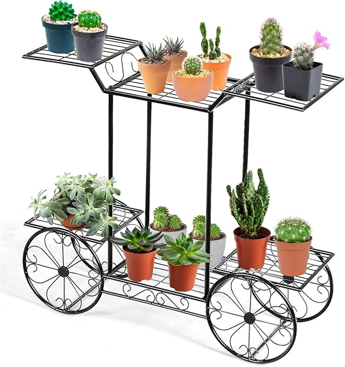 Giantex 6-Tier Plant Stand Flower Pot Holder Metal Flower Display Shelf with 4 Decorative Wheels Multilayer Parisian Style Plant Pot Holder Rack for Indoor, Garden, Patio, 32"L x 10"Wx 30"H, Black