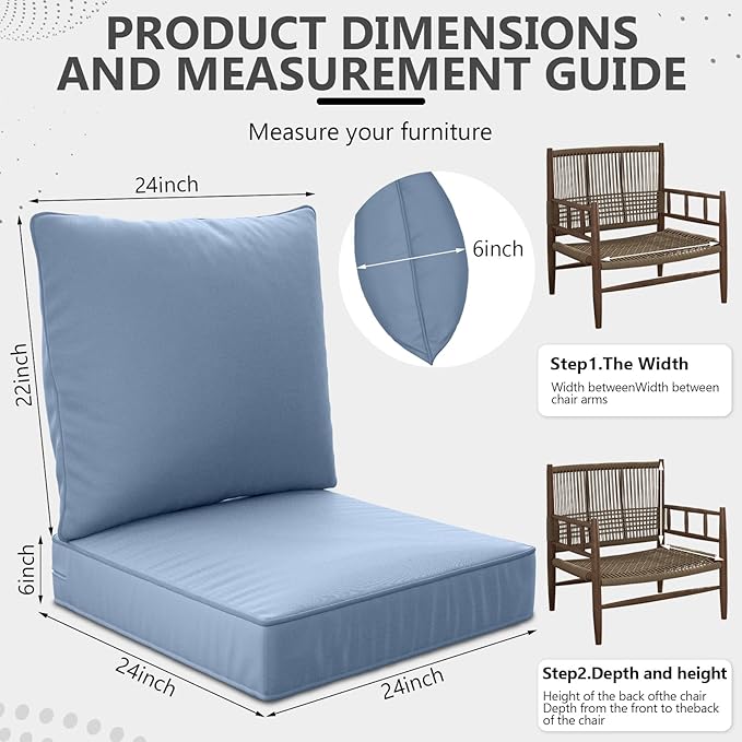 24" x 24" x 6" Outdoor Deep Seat Cushions Set - 2 Set Waterproof & Fade Resistant Patio Furniture Replacement Cushions, Non-Slip Outdoor Cushions Fit Loveseats, Couches, Chairs, and Sofas.