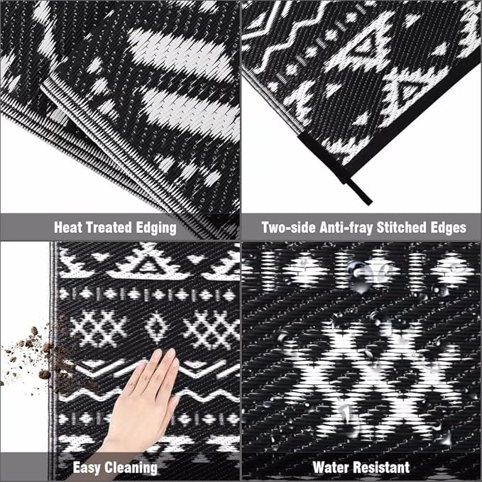 Pendolr Outdoor Rug 9’x12' for Patios Clearance Waterproof Carpet Large RV Mat Outdoor Plastic Straw Rug for Camping Reversible Outside Rug for Patio Balcony Deck Backyard Picnic Beach Black&White 02#