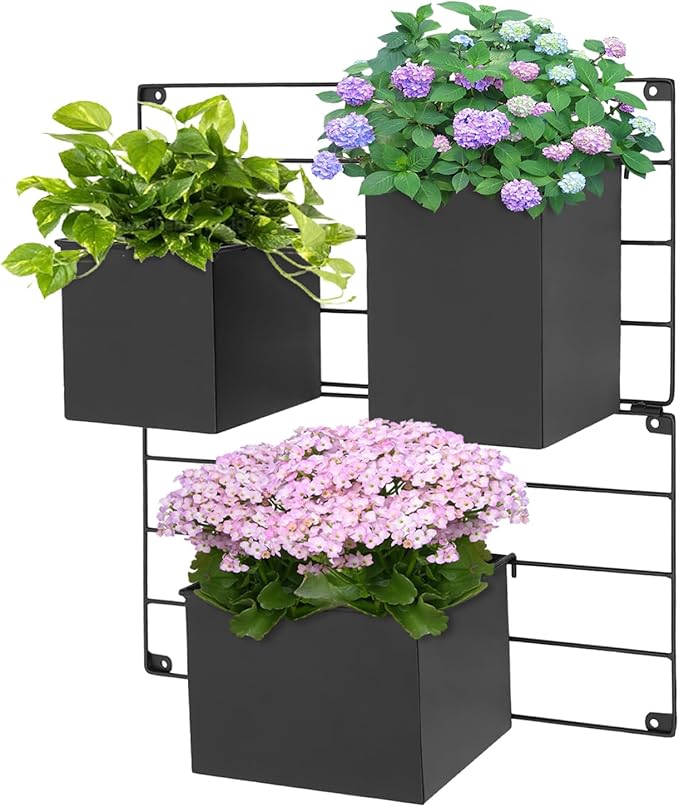 Vertical Garden Wall Planter, Wall Mounted Plant Holder with Grid and 3 Pots, Indoor Outdoor Hanging Garden Planter for Patio Herb Load Capacity 44.09 lbs 19.69x19.69inch (Black)