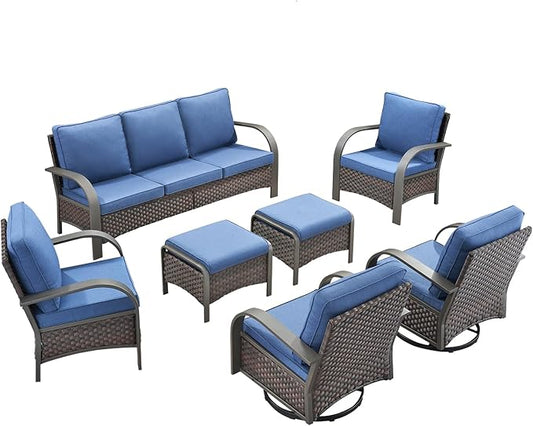 HUMMUH 7 Piece Outdoor Patio Furniture Sets-High Back Swivel Rocker Patio Chairs with Wicker Patio Couch Outdoor Conversation Furniture Set for Deck Porch Garden Poolside Backyard-Brown/Blue