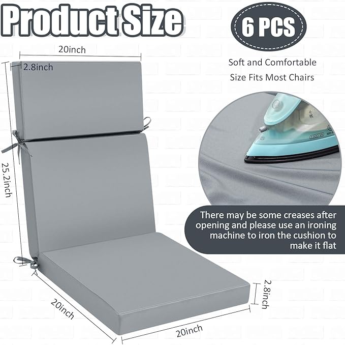 6 Pack Outdoor High Back Chair Cushion, 44 x 20 inches Patio Chair Cushions Waterproof Rocking Cushions Indoor Furniture Seat Pad, Weather Resistant (Solid,Light Gray)