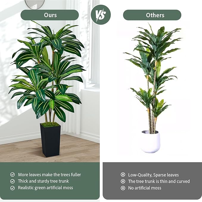 Artificial Dracaena Tree 5FT, Faux Tree with Black Tall Planter, Fake Yucca Tree Tall Faux Plants Indoor, Floor Plant for Home Office Living Room Garden Decor